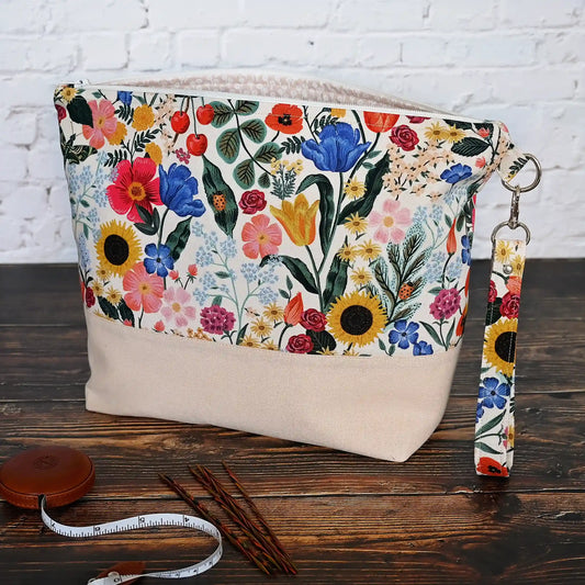 Pretty blush floral zippered project bag with pockets.  Made from Rifle Paper's Curio Collection by Yellow Petal Handmade in Nova Scotia, Canada.