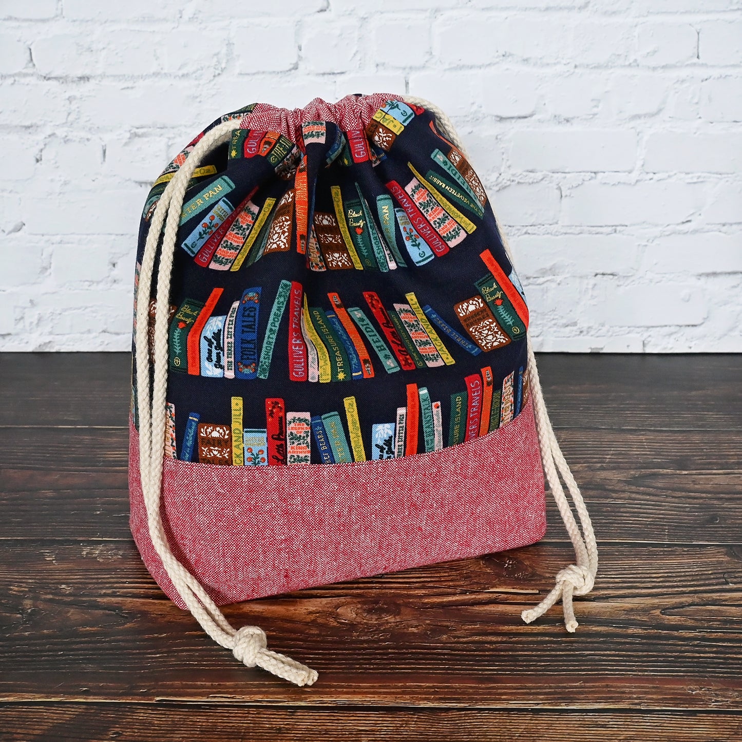 Navy and Red Book Club Drawstring Project Bag