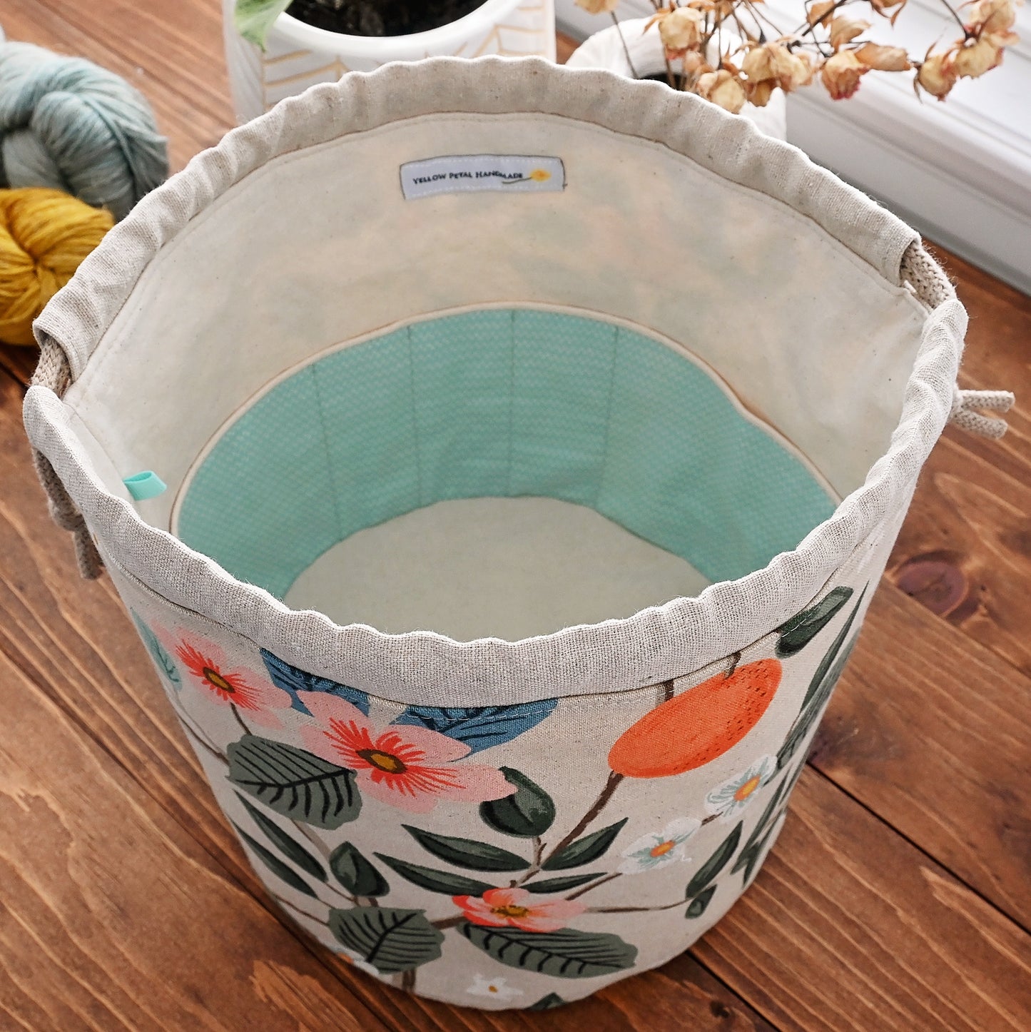 Canvas Bucket Bag with Pockets in Rifle Paper Co. Bramble Fabric