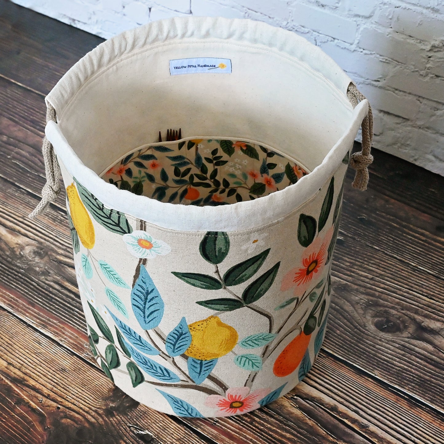 Canvas Bucket Bag with Pockets in Rifle Paper Co. Bramble Fabric