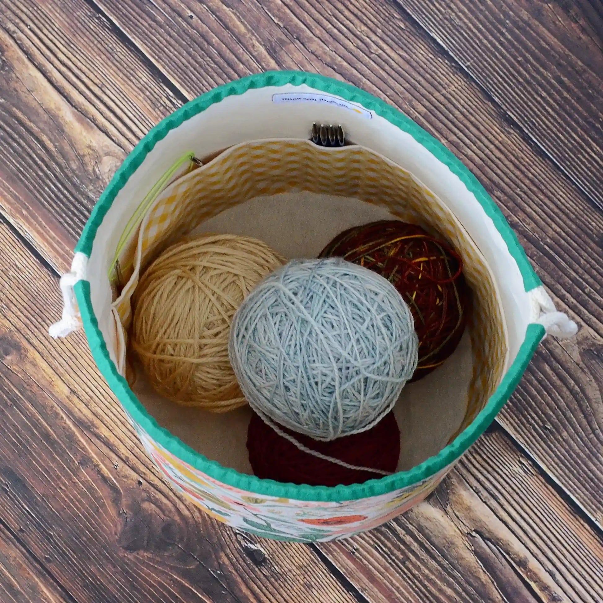 Pretty unbleached floral canvas bucket bag for knitting or crochet.  Made in Nova Scotia by Yellow Petal Handmade.