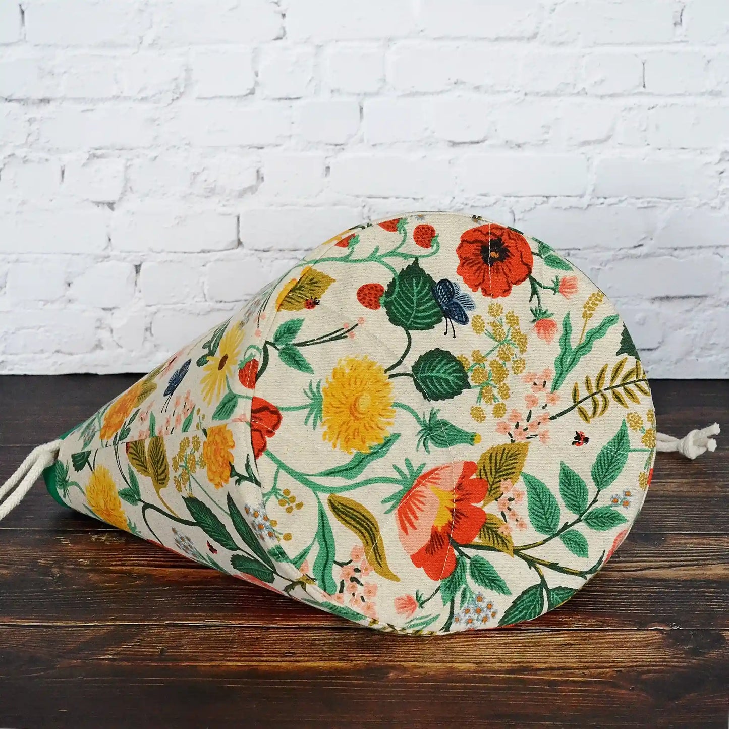 Pretty unbleached floral canvas bucket bag for knitting or crochet.  Made in Nova Scotia by Yellow Petal Handmade.