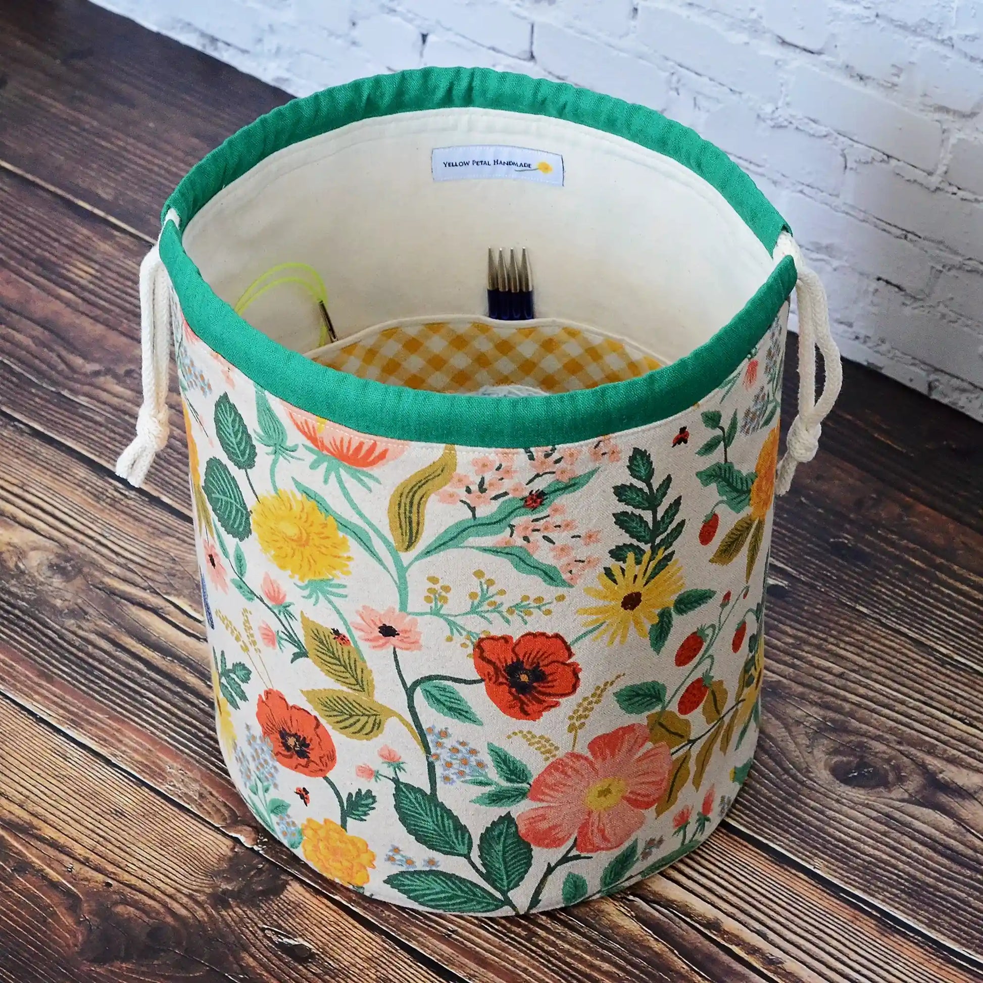 Pretty unbleached floral canvas bucket bag for knitting or crochet.  Made in Nova Scotia by Yellow Petal Handmade.