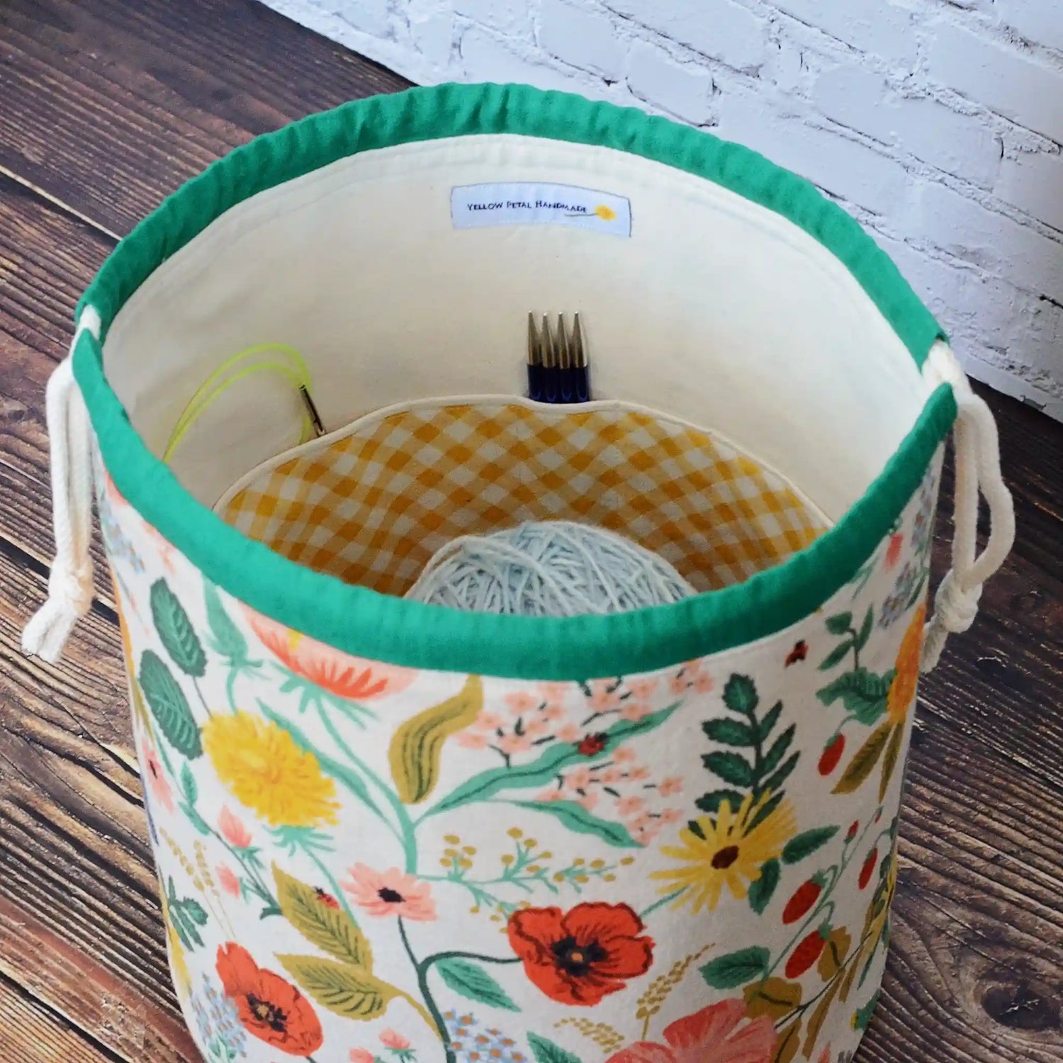 Pretty unbleached floral canvas bucket bag for knitting or crochet.  Made in Nova Scotia by Yellow Petal Handmade.
