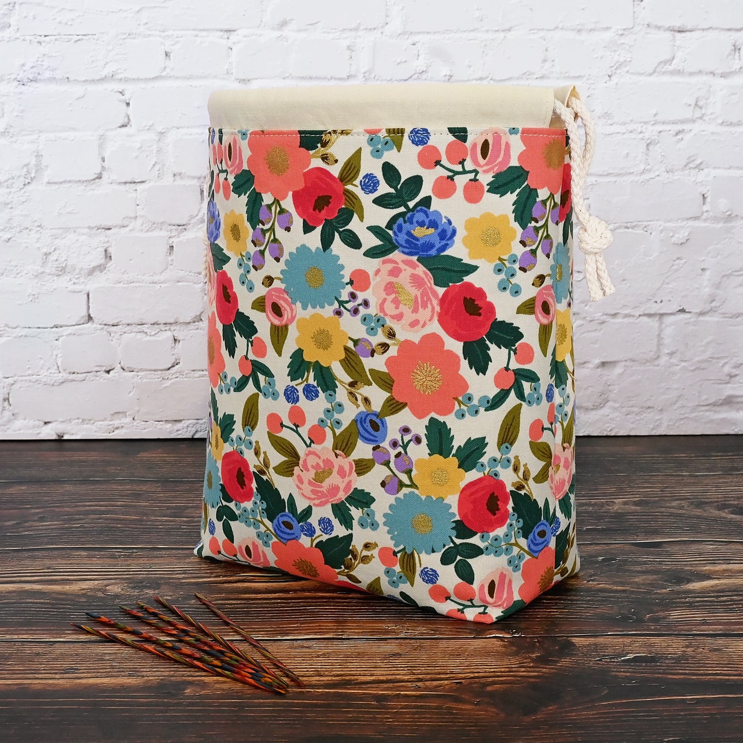 Cream Floral Drawstring Project Bag in Rifle Paper Co's Vintage Garden