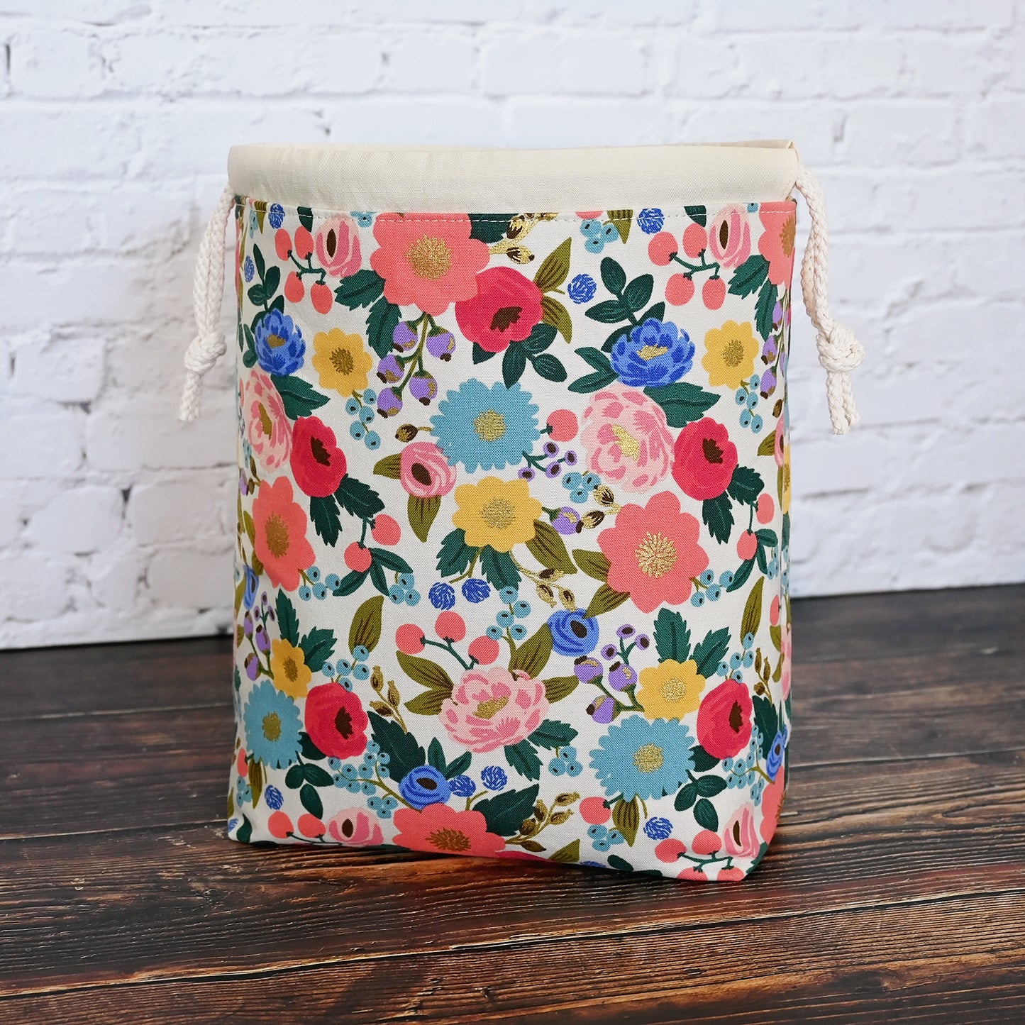 Cream Floral Drawstring Project Bag in Rifle Paper Co's Vintage Garden