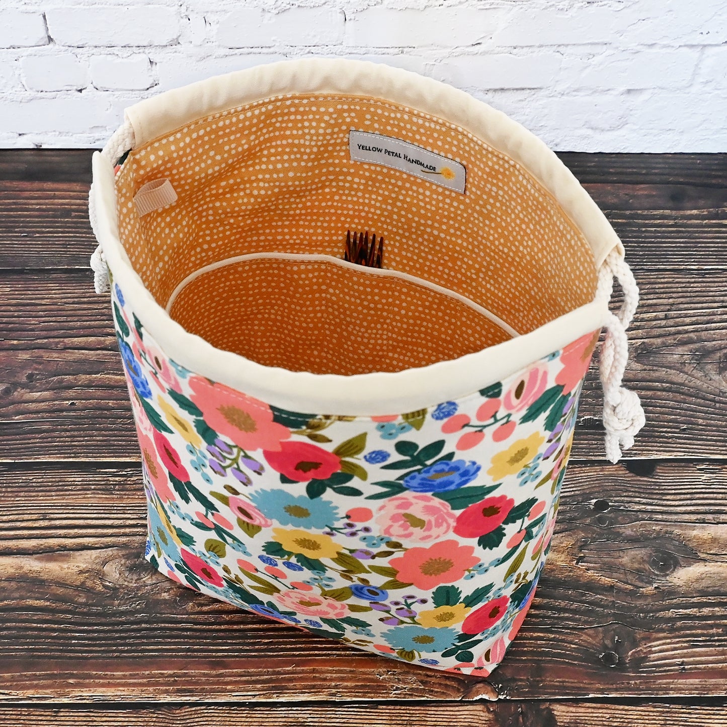 Cream Floral Drawstring Project Bag in Rifle Paper Co's Vintage Garden