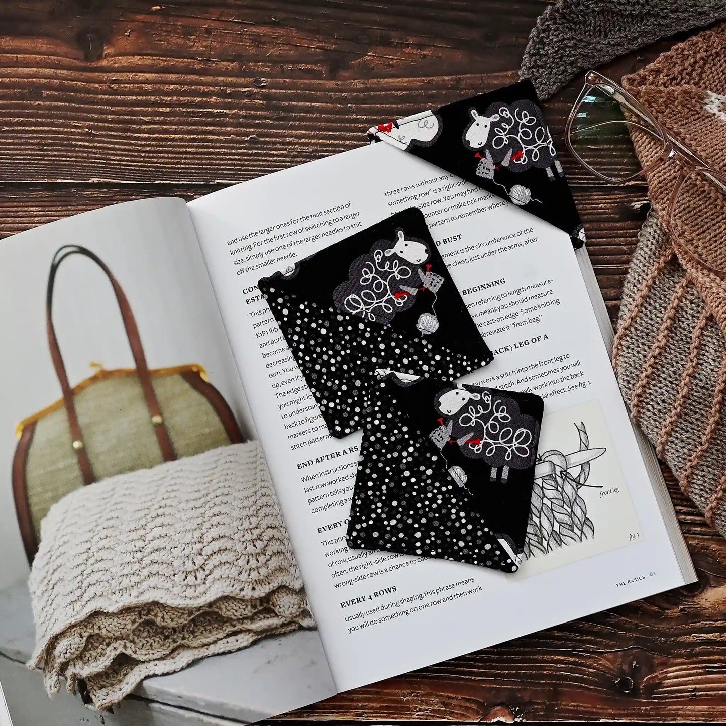Adorable knitting sheep bookmarks featuring various sheep on a black spotted background.  Great gift for knitters!  Made in Canada by Yellow Petal Handmade.