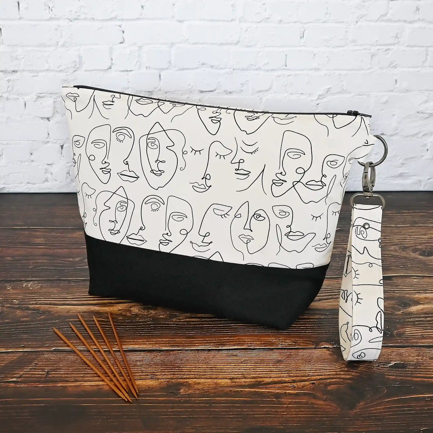 Black and White Project Bag with Line Drawn Faces