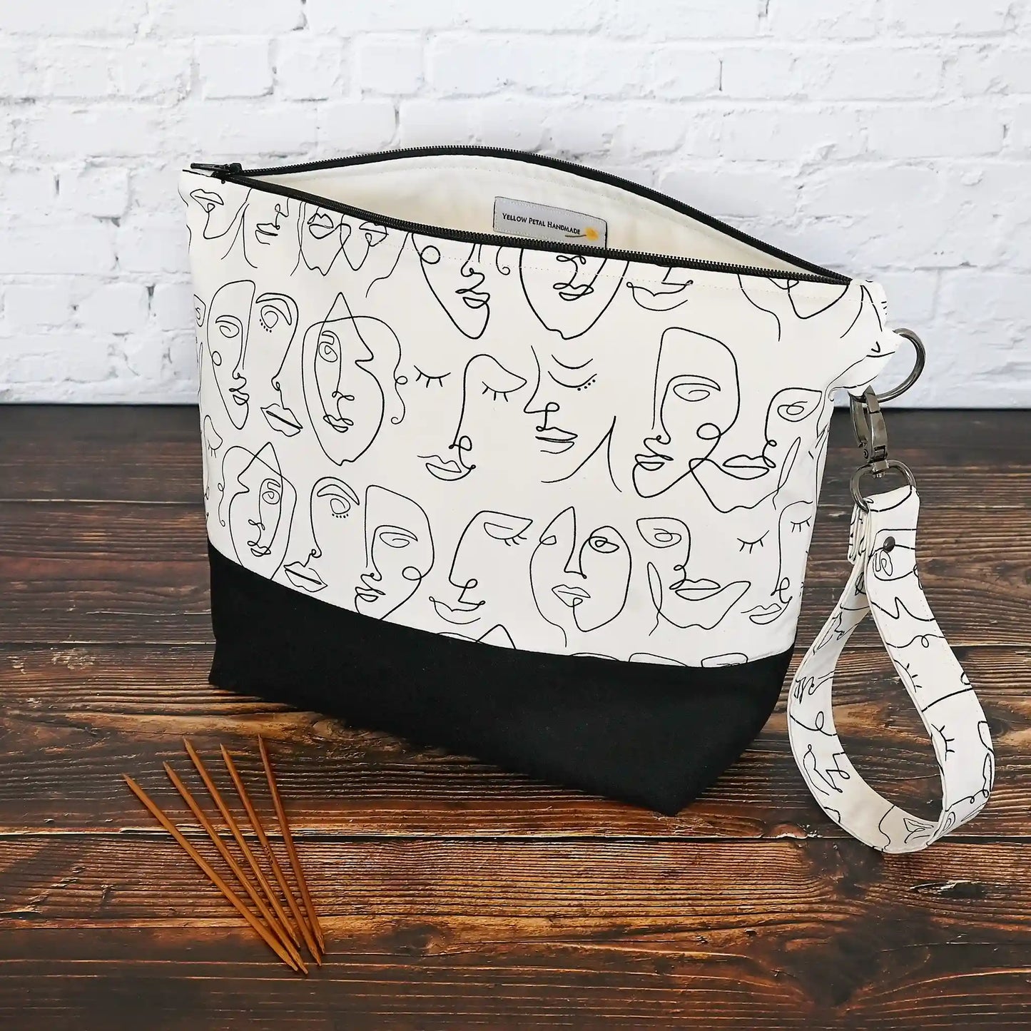 Black and White Project Bag with Line Drawn Faces