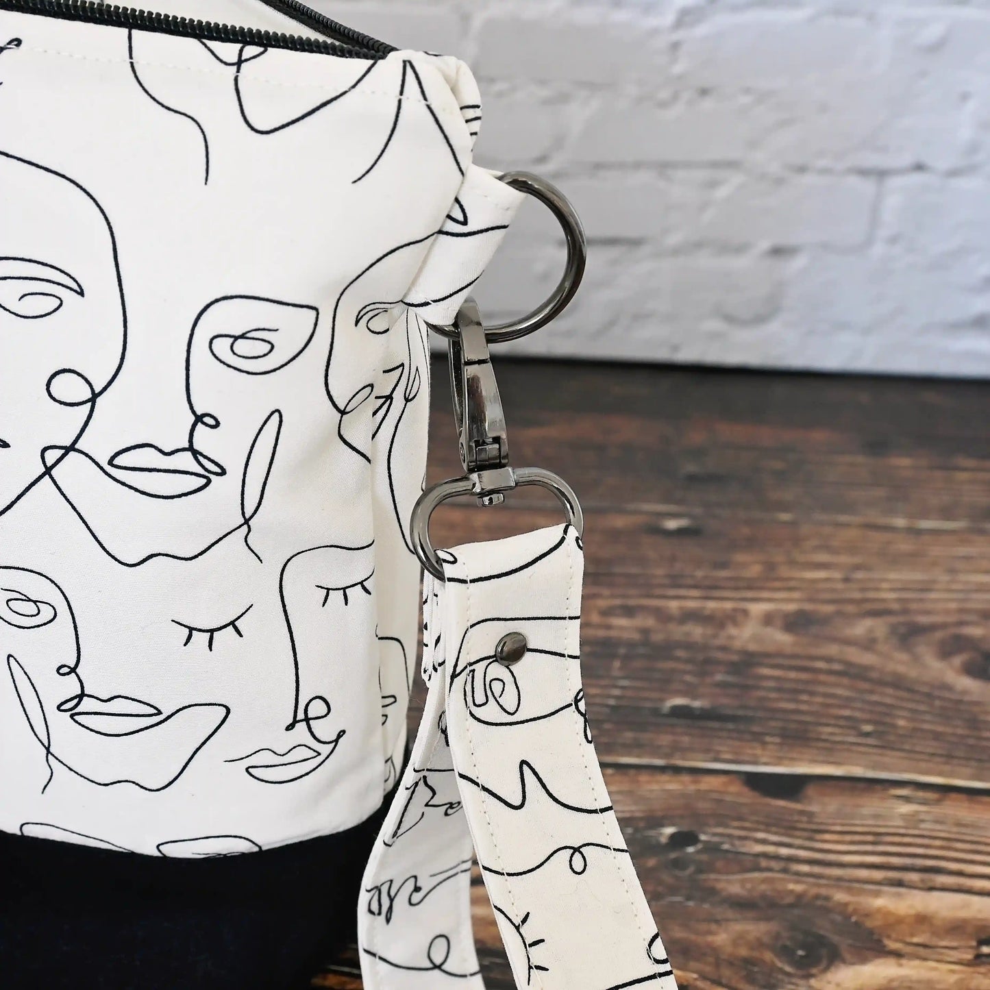 Black and White Project Bag with Line Drawn Faces