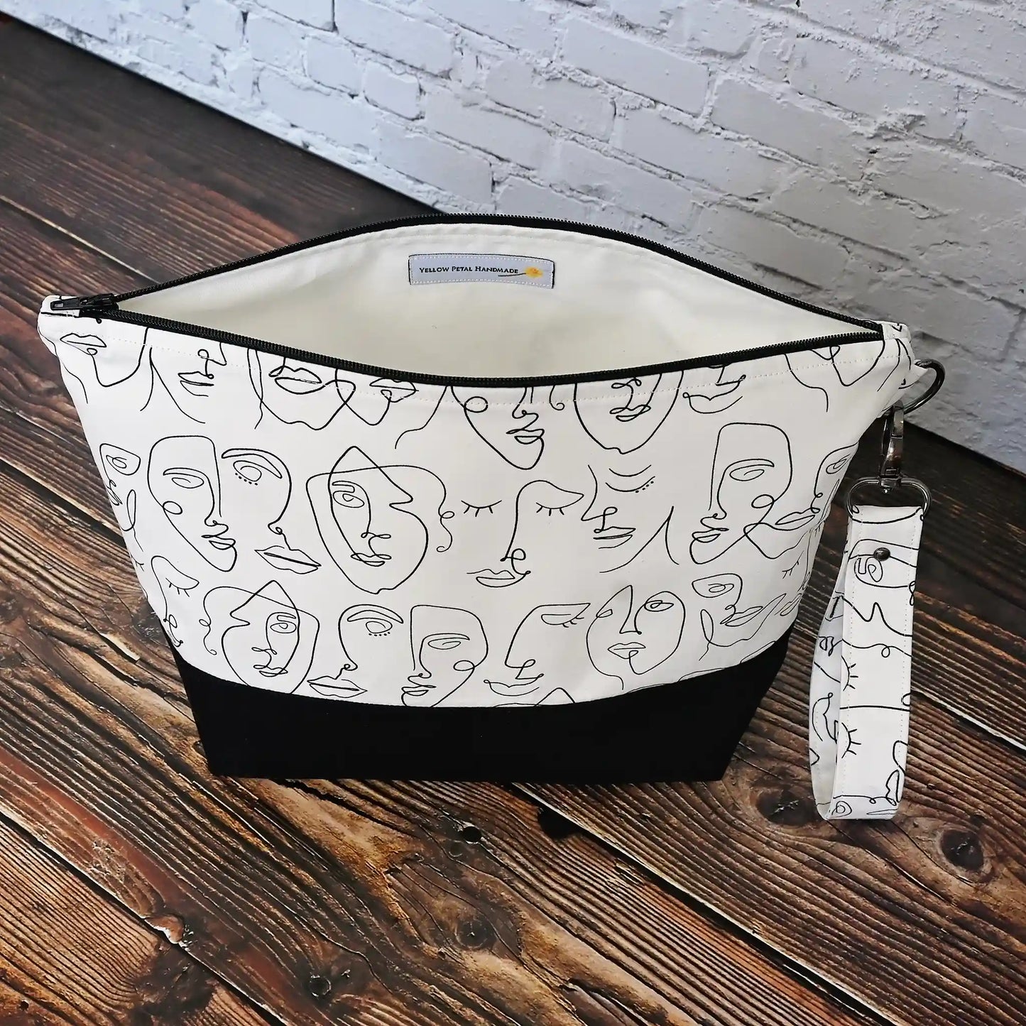 Black and White Project Bag with Line Drawn Faces