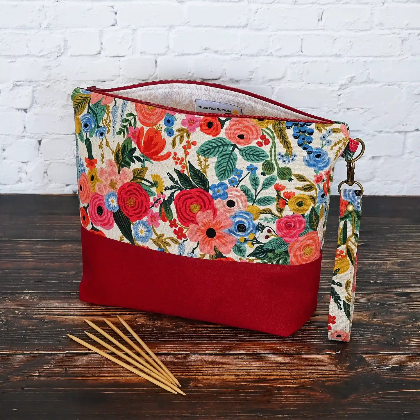 Gorgeous Garden Party canvas project bag with pockets and a removable wrist strap.  Made in Canada by Yellow Petal Handmade.