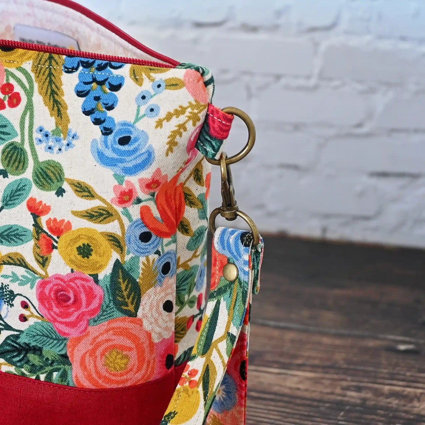 Gorgeous Garden Party canvas project bag with pockets and a removable wrist strap.  Made in Canada by Yellow Petal Handmade.