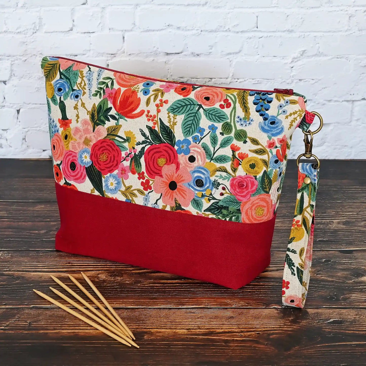 Gorgeous Garden Party canvas project bag with pockets and a removable wrist strap.  Made in Canada by Yellow Petal Handmade.