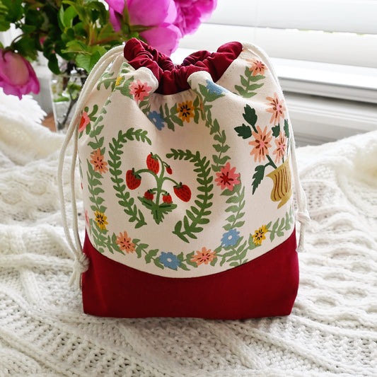 Pretty Pink and Red Canvas Drawstring Project Bag in Rifle Paper's Gracie