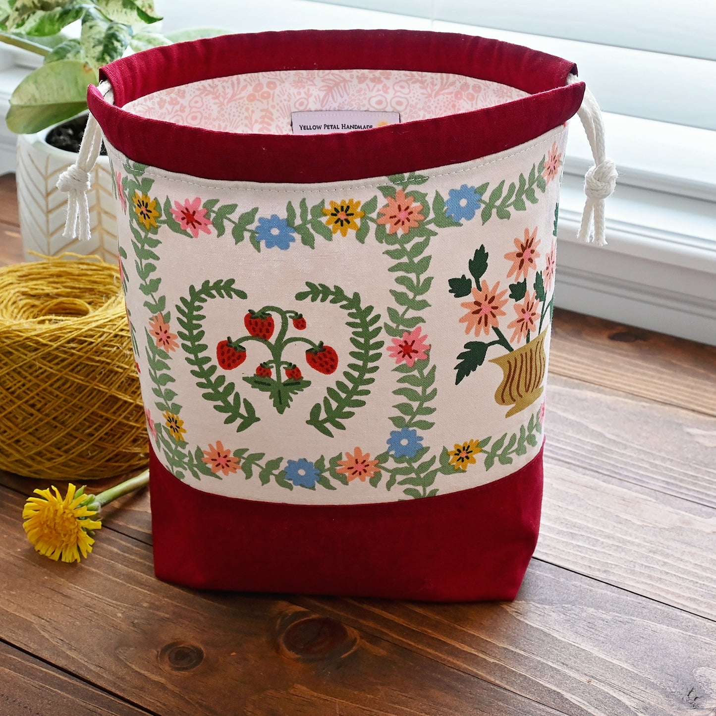Pretty Pink and Red Canvas Drawstring Project Bag in Rifle Paper's Gracie