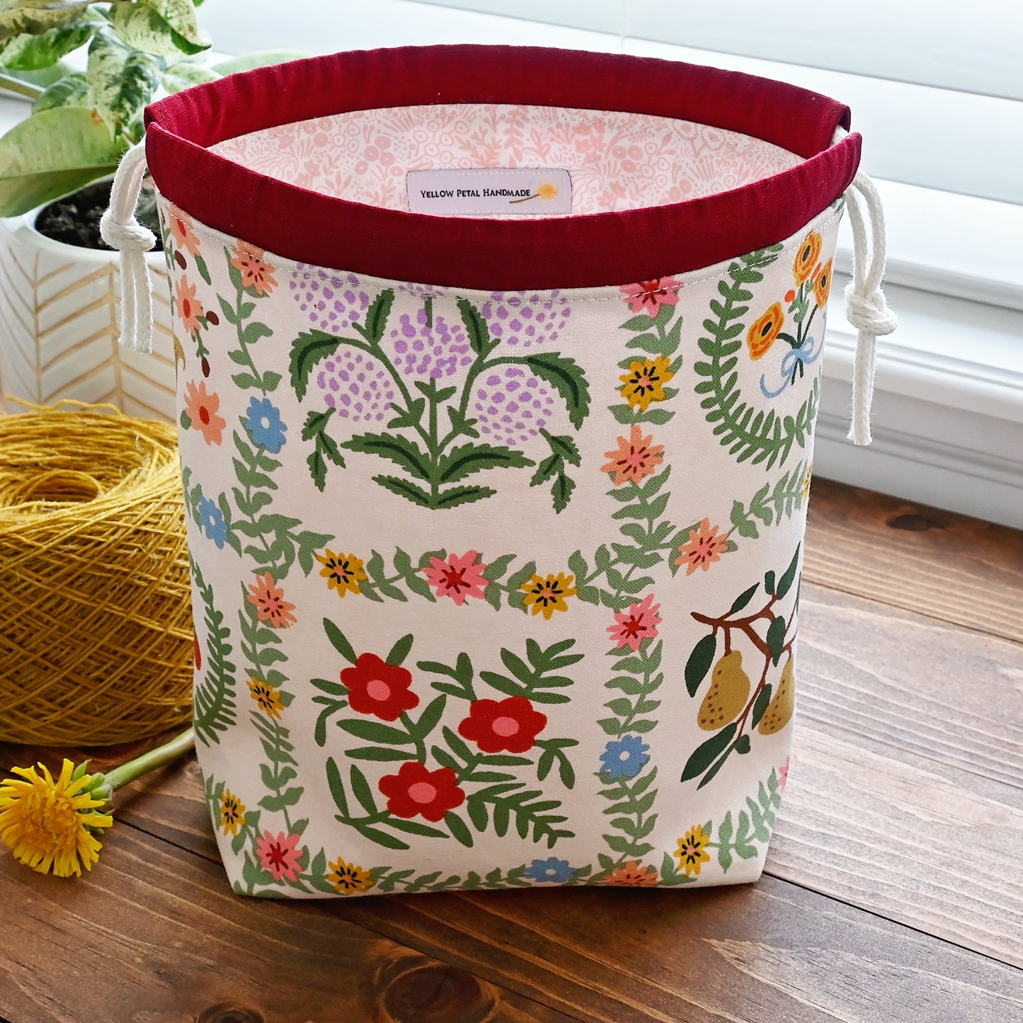 Pretty Pink Canvas Drawstring Project Bag in Rifle Paper's Gracie