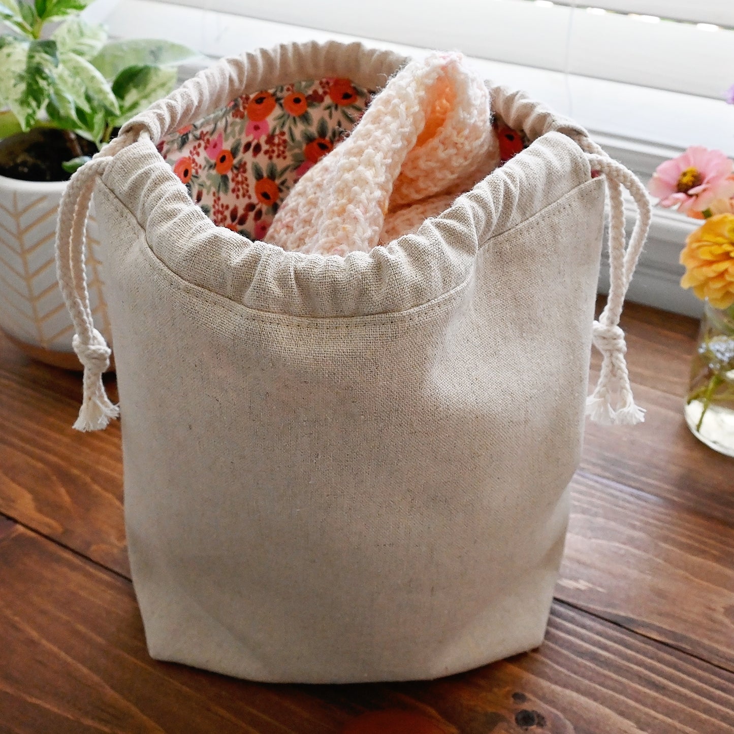 Blush and Beige Blossom Drawstring Bag