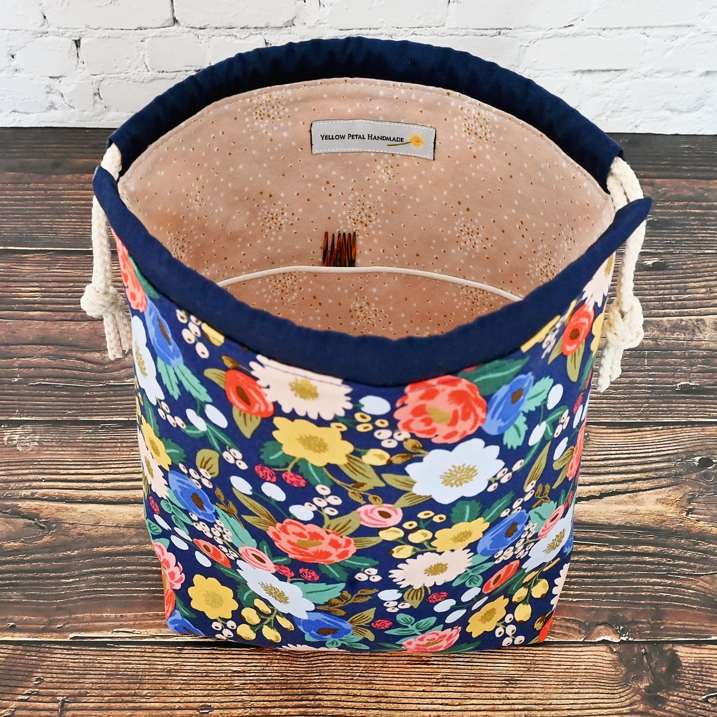 Navy Floral Drawstring Project Bag in Rifle Paper's Vintage Garden