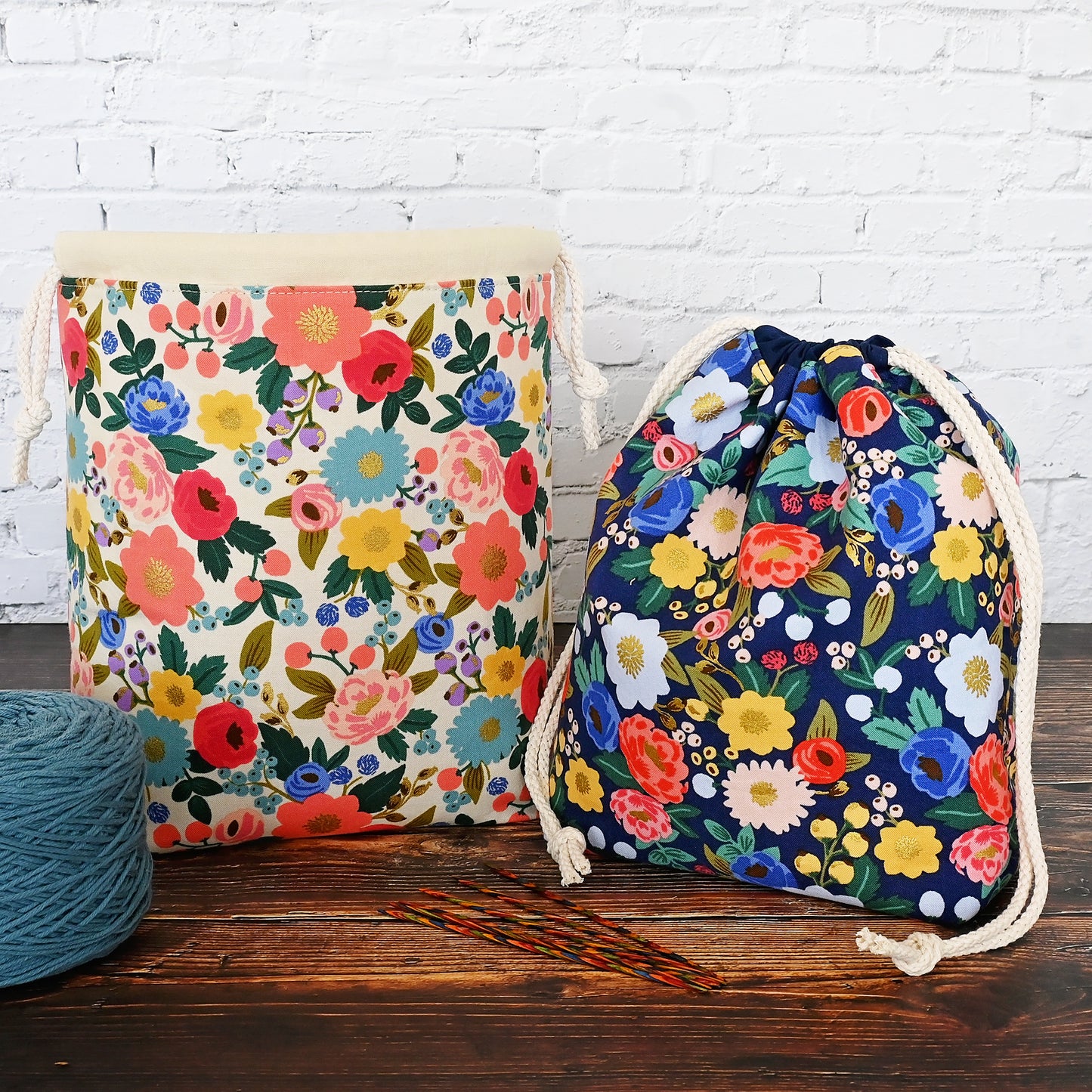 Navy Floral Drawstring Project Bag in Rifle Paper's Vintage Garden