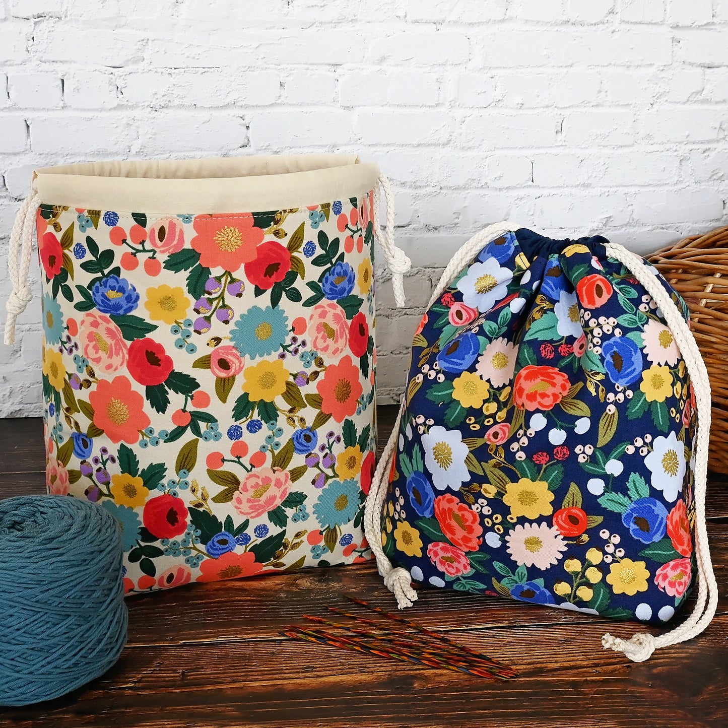 Navy Floral Drawstring Project Bag in Rifle Paper's Vintage Garden