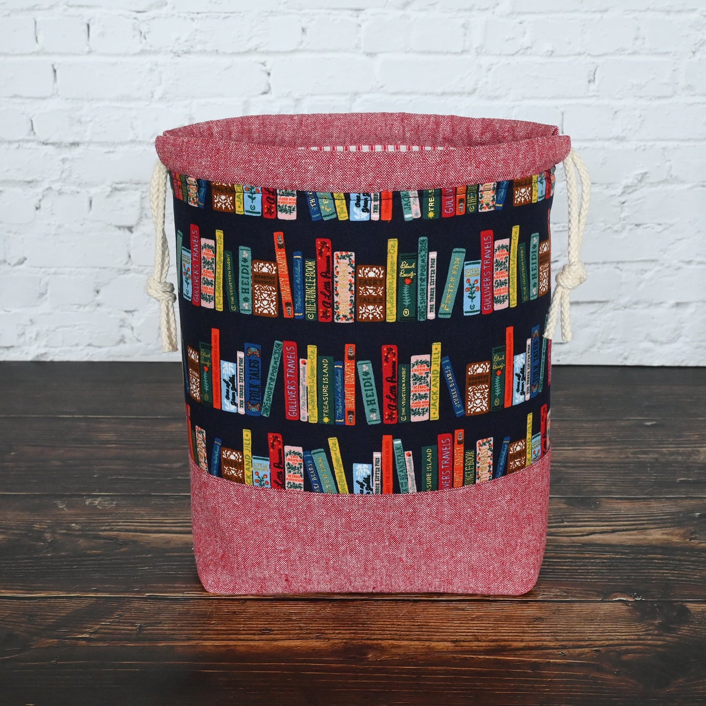 Navy and Red Book Club Drawstring Project Bag