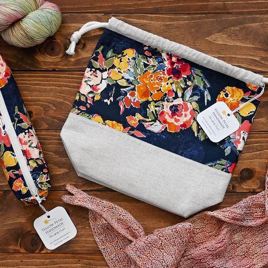 Painted Roses Cotton and Linen Project Bag