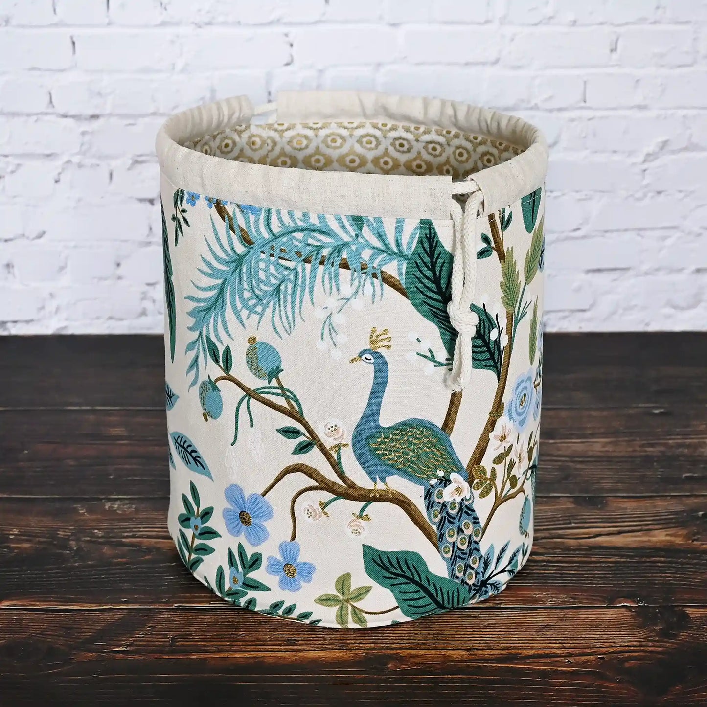 Beautiful canvas bucket bag in Rifle Paper Co's Antique Garden fabric, featuring green and teal florals and peacocks.  Made in Nova Scotia, Canada by Yellow Petal Handmade.