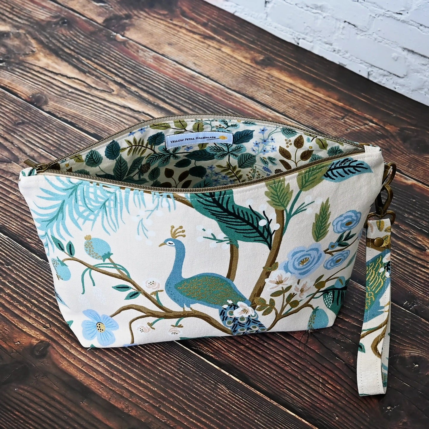 Gorgeous peacock canvas zippered pouch from Rifle Paper Co's Antique Garden collection.  Handmade in Nova Scotia, Canada.a