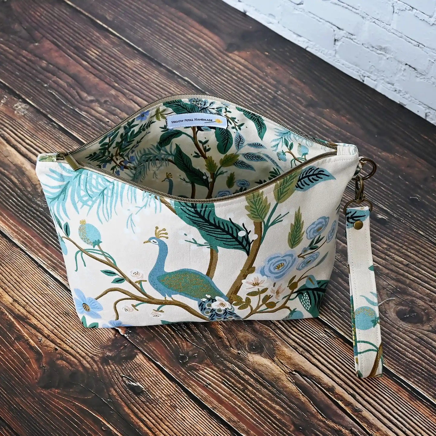 Pretty Peacock Canvas Zippered Sock Project Bag in Rifle Paper Co's Antique Garden