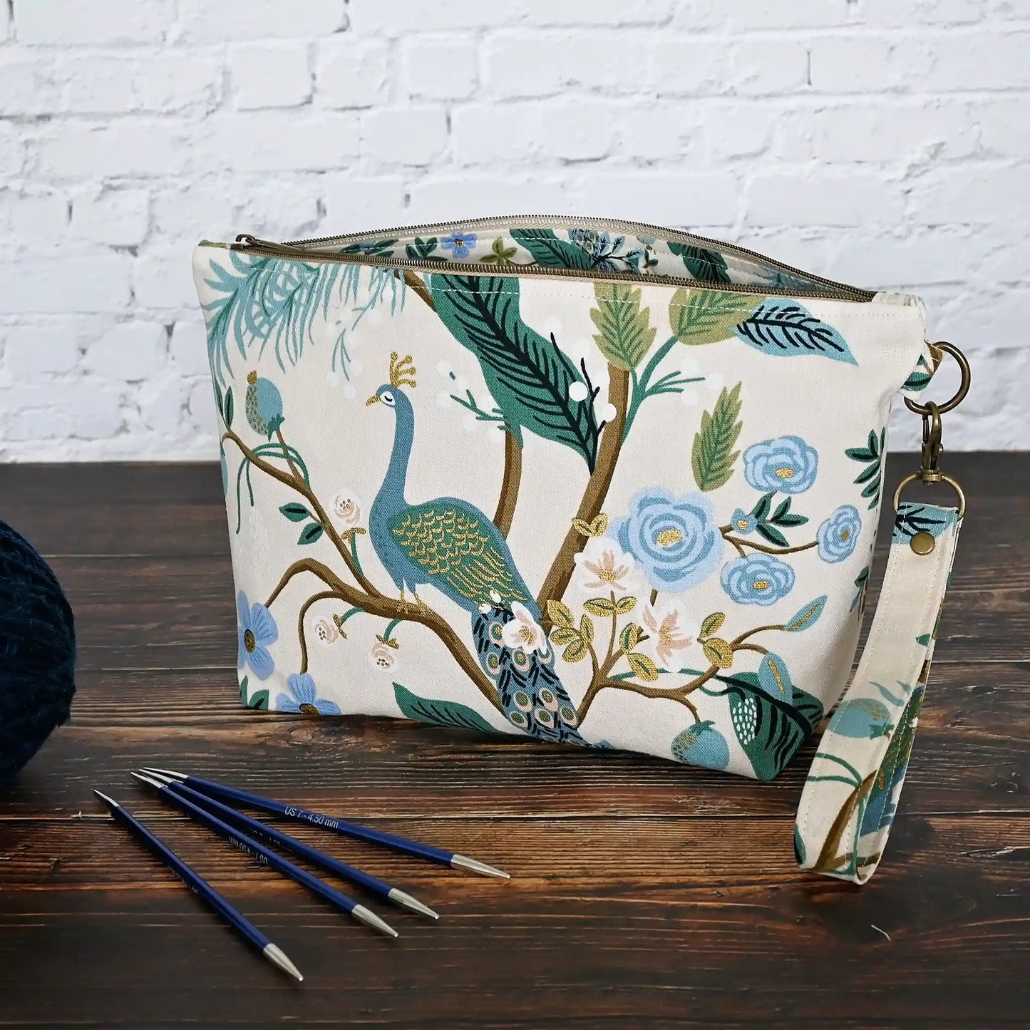 Pretty Peacock Canvas Zippered Sock Project Bag in Rifle Paper Co's Antique Garden