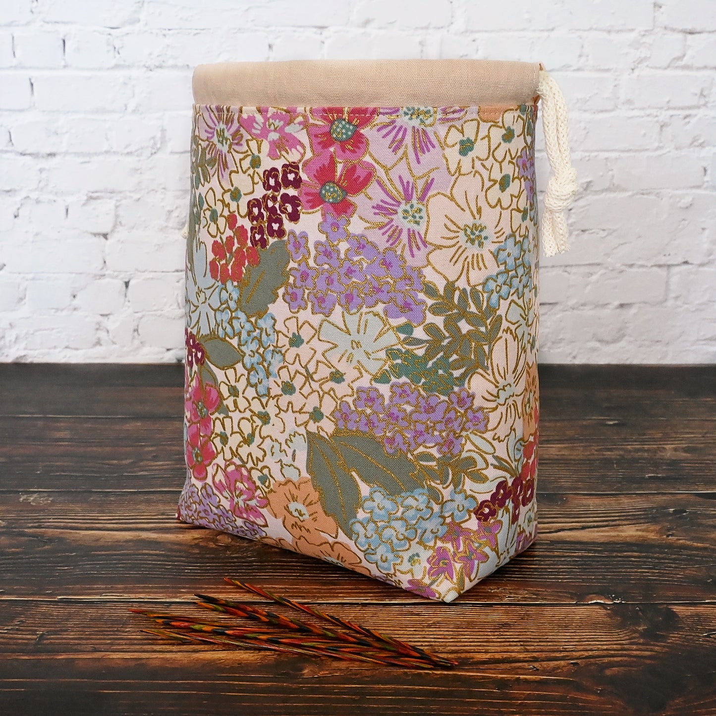 Canvas Drawstring Project Bag in Rifle Paper Co's English Rose