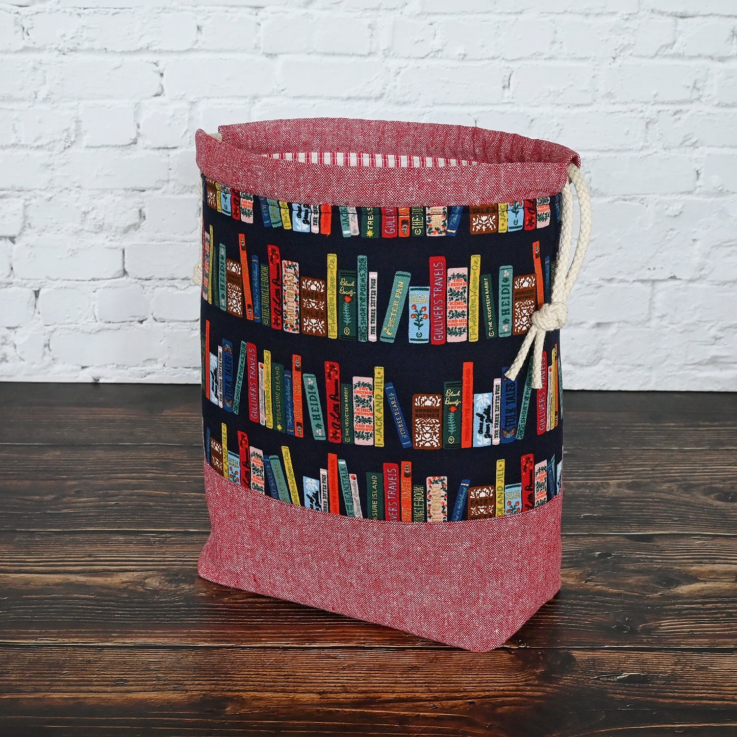 Navy and Red Book Club Drawstring Project Bag