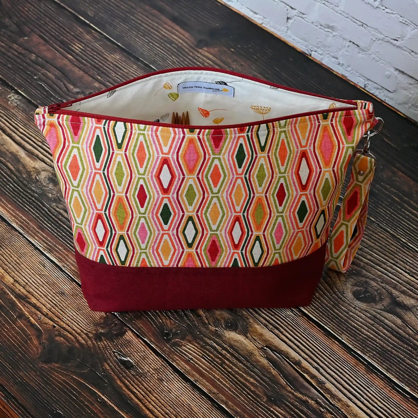 Gorgeous Jewel toned project bag with wrist strap and pockets.  Made in Canada by Yellow Petal Handmade.