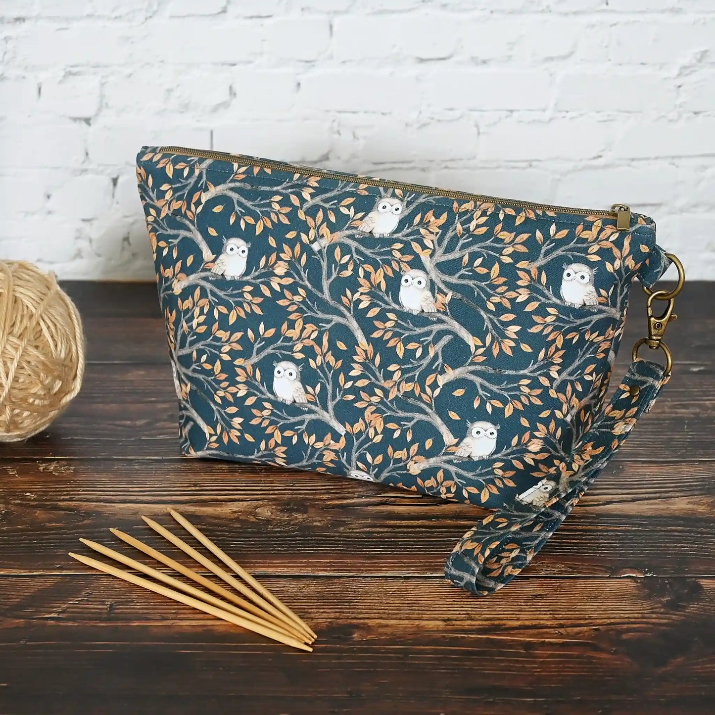 Zippered pouch in an adorable navy owl print.  Made in Canada by Yellow Petal Handmade.