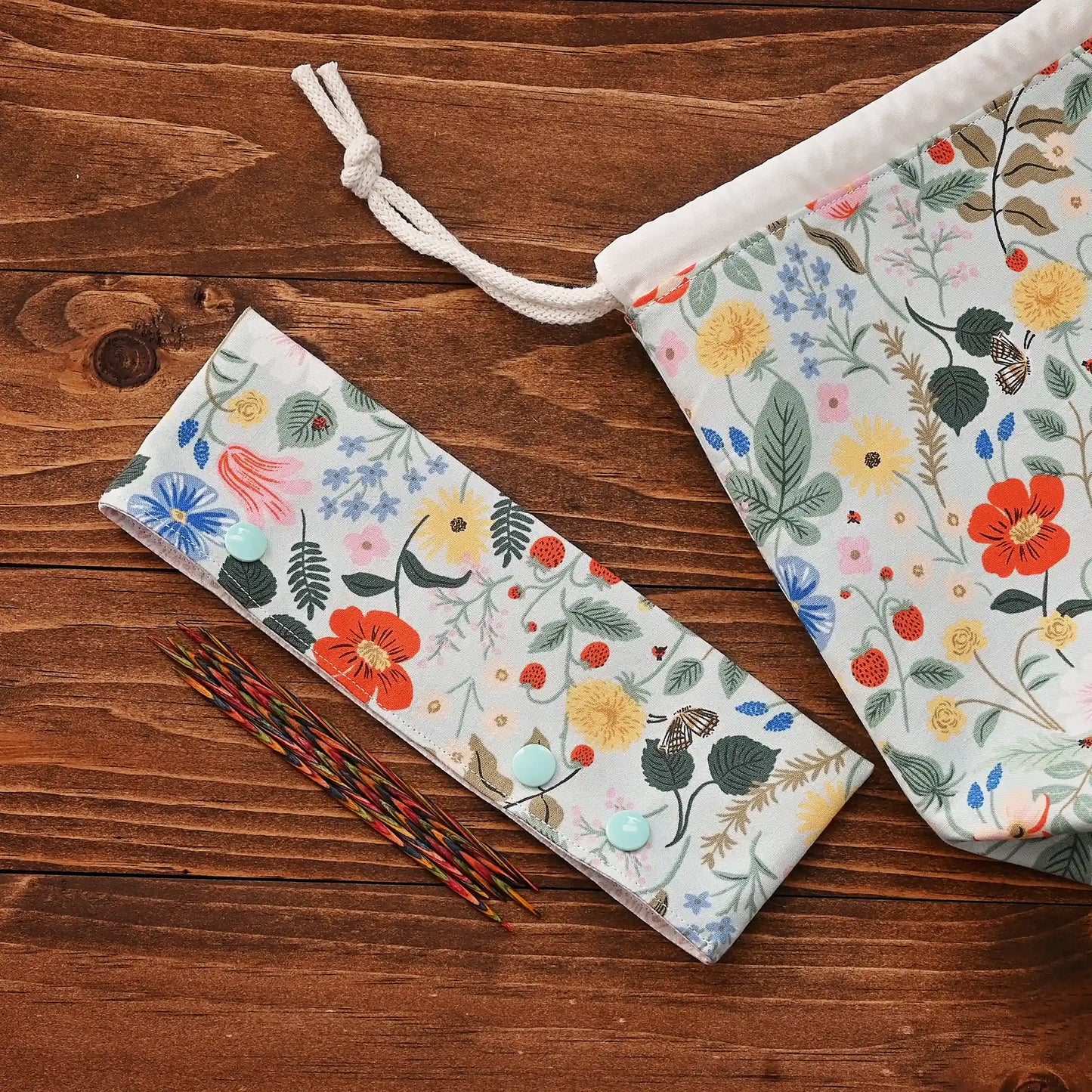 Drawstring Project Bag in Mint Strawberry Fields Fabric from Rifle Paper Co