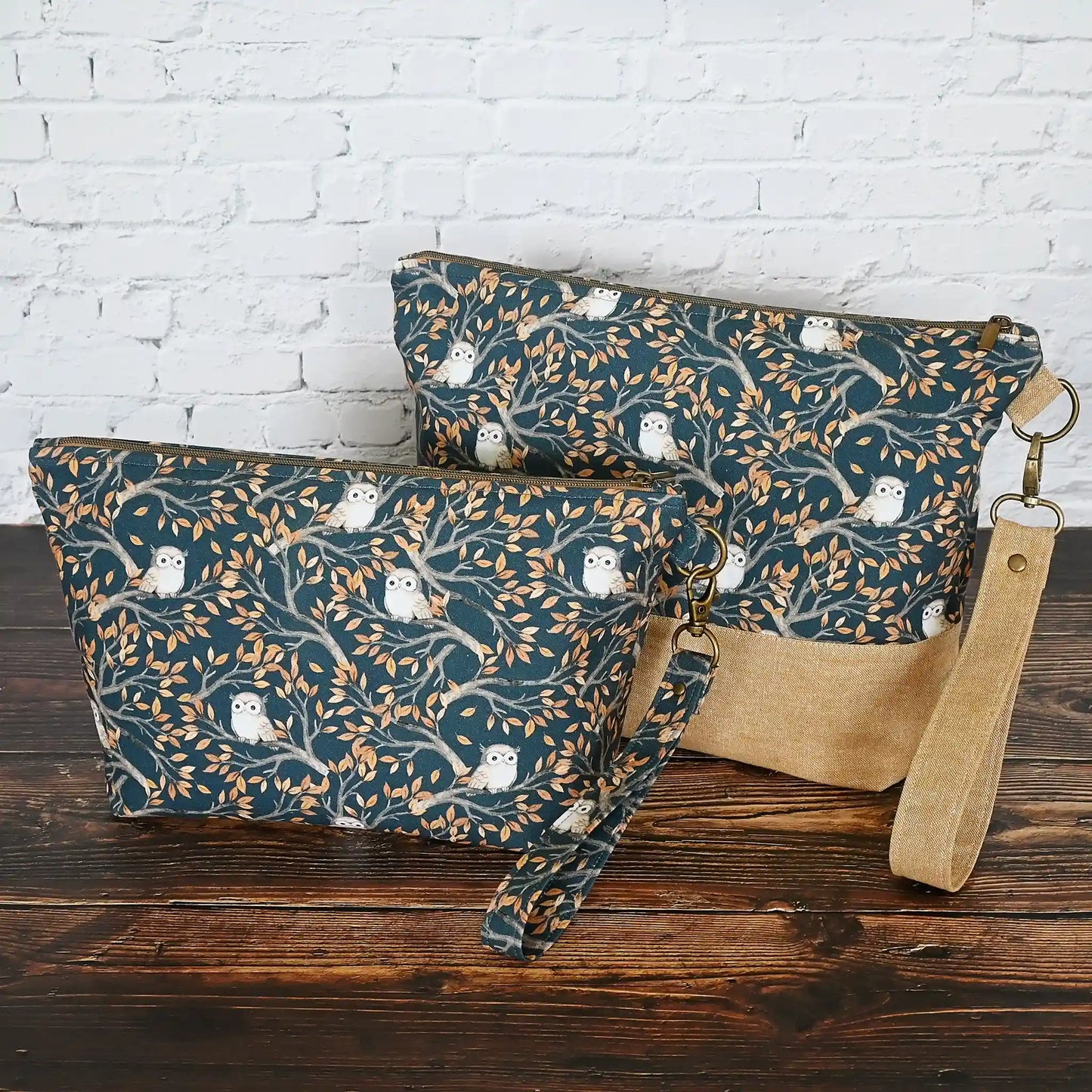 Zippered pouch in an adorable navy owl print.  Made in Canada by Yellow Petal Handmade.