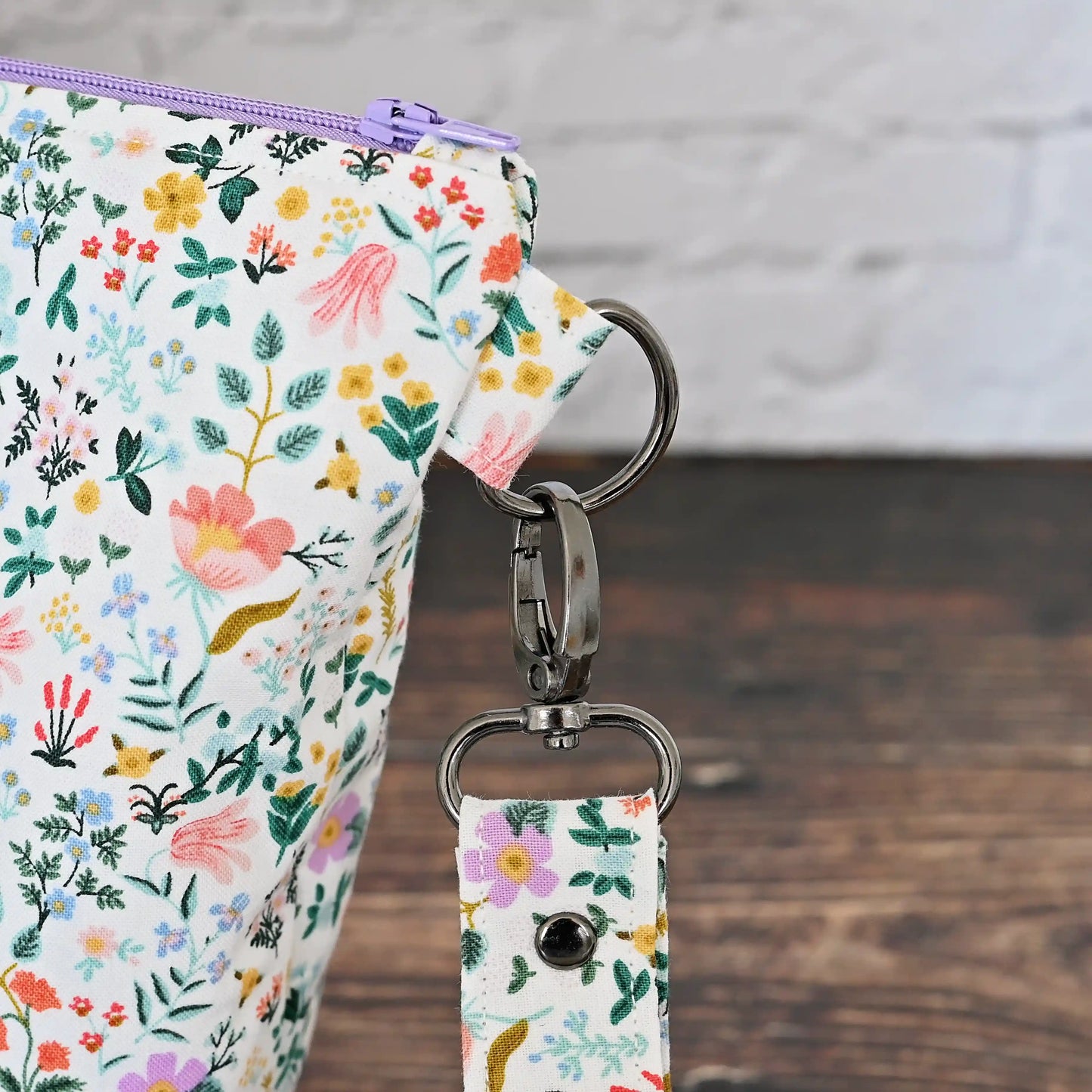White Floral and Mauve Linen Zippered Project Bag in Rifle Paper's Curio