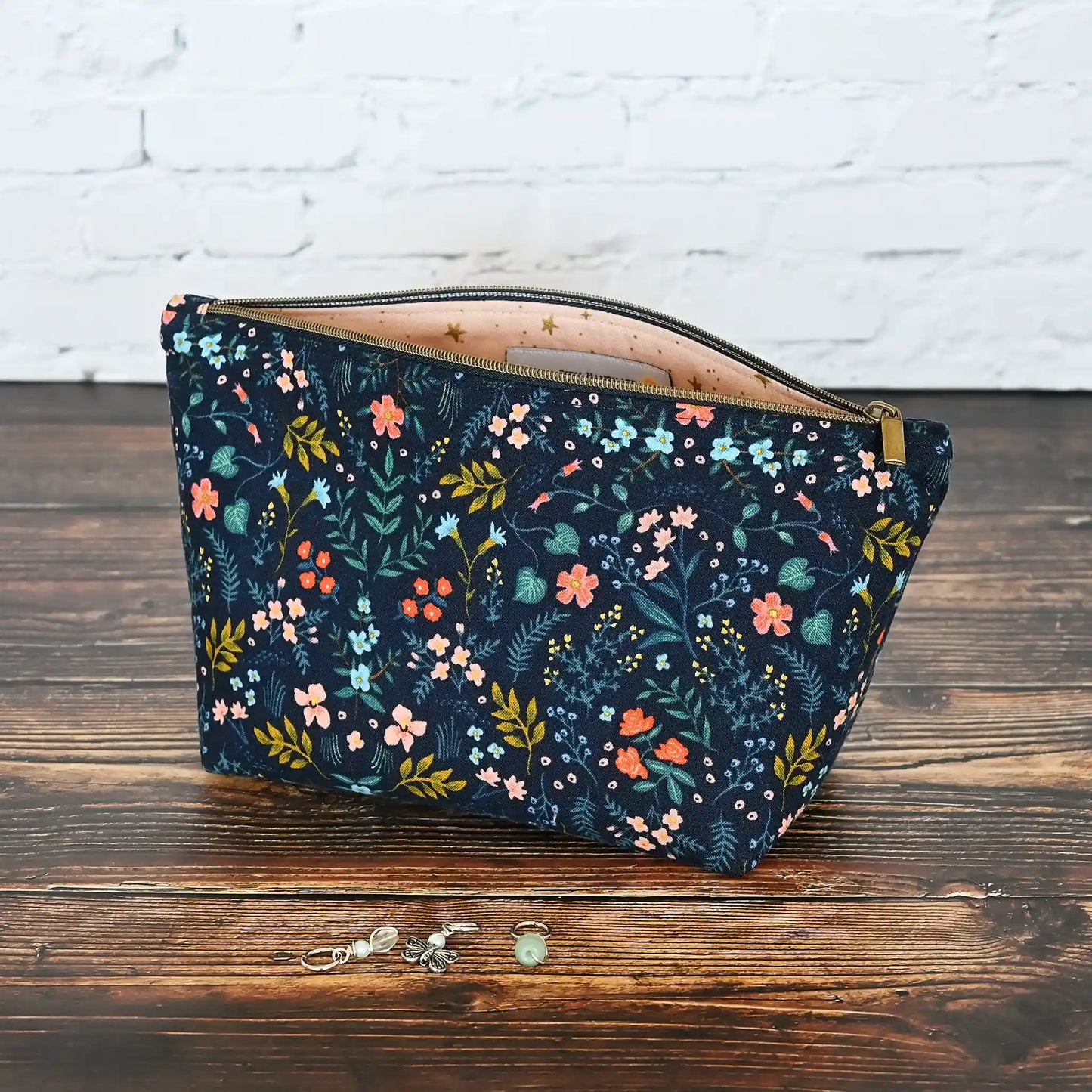 Navy Floral Zippered Pouch