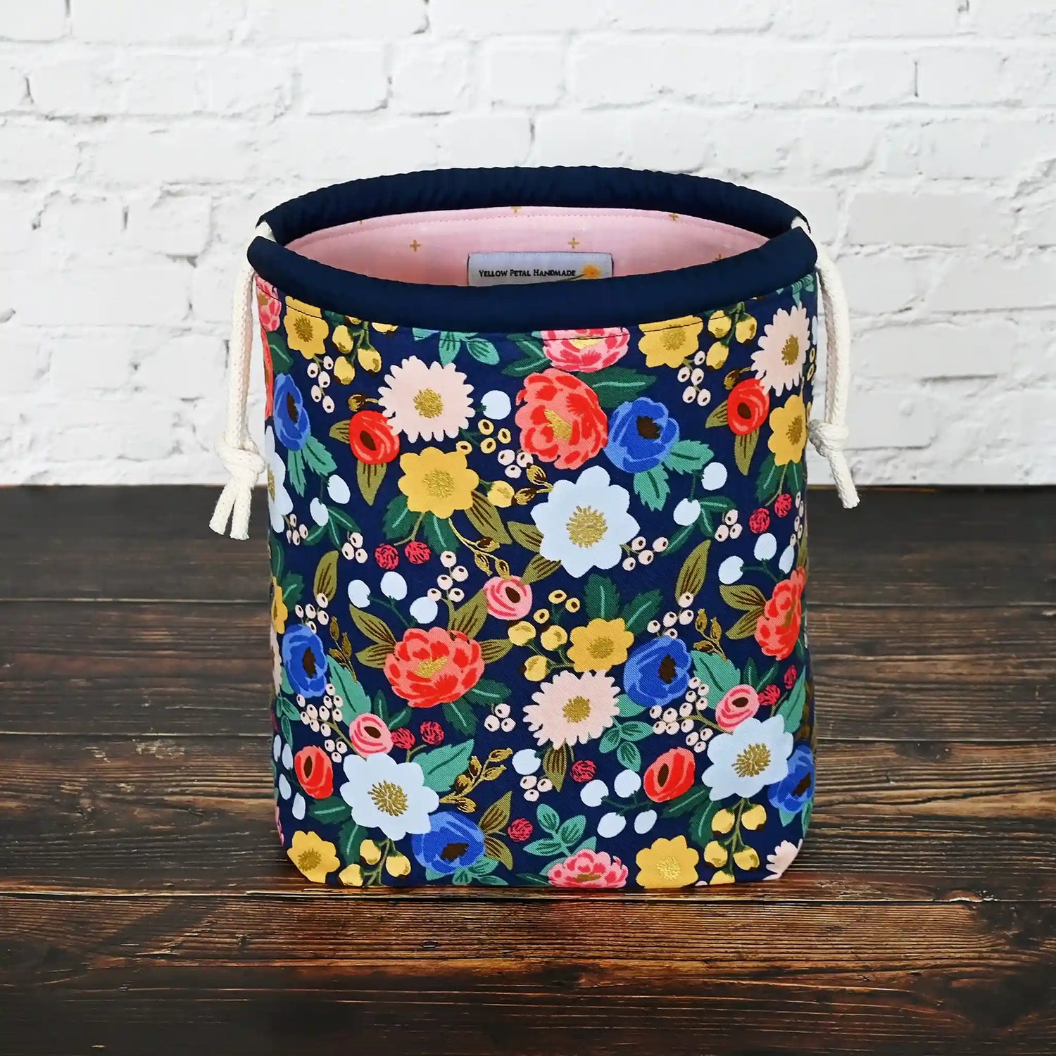 Navy floral drawstring bag for knitting or crochet.  Made from Rifle Paper Co's Vintage Garden collection.  Made in Nova Scotia, Canada by Yellow Petal Handmade.