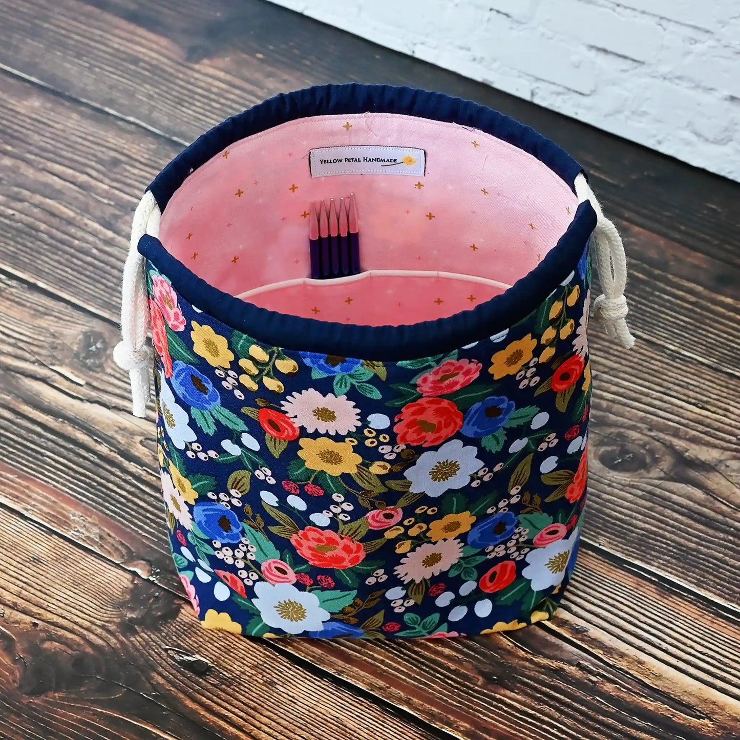 Navy floral drawstring bag for knitting or crochet.  Made from Rifle Paper Co's Vintage Garden collection.  Made in Nova Scotia, Canada by Yellow Petal Handmade.