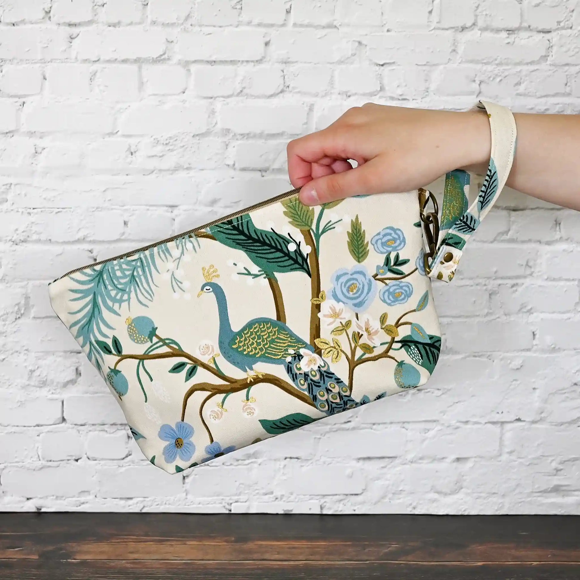 Gorgeous peacock canvas zippered pouch from Rifle Paper Co's Antique Garden collection.  Handmade in Nova Scotia, Canada.a