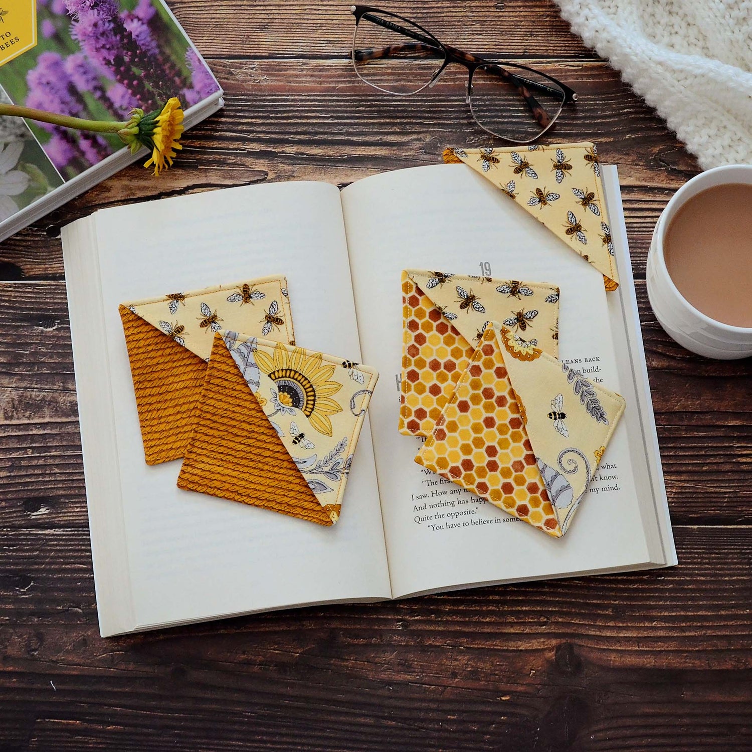 Pretty yellow and gold bee corner bookmarks.  Made in Nova Scotia, Canada by Yellow Petal Handmade.