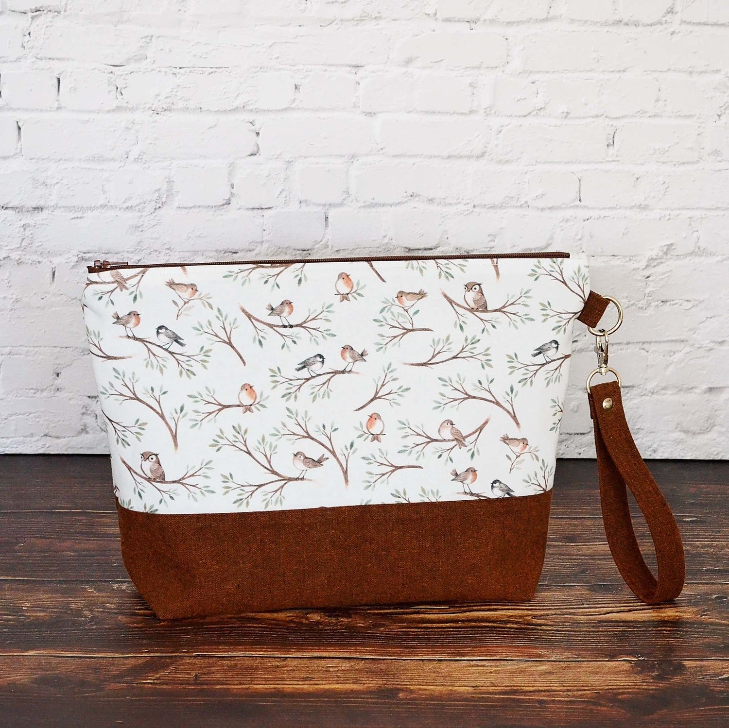 Bird and Owl themed project bag with zipper and wrist strap.  Made in Canada by Yellow Petal Handmade.