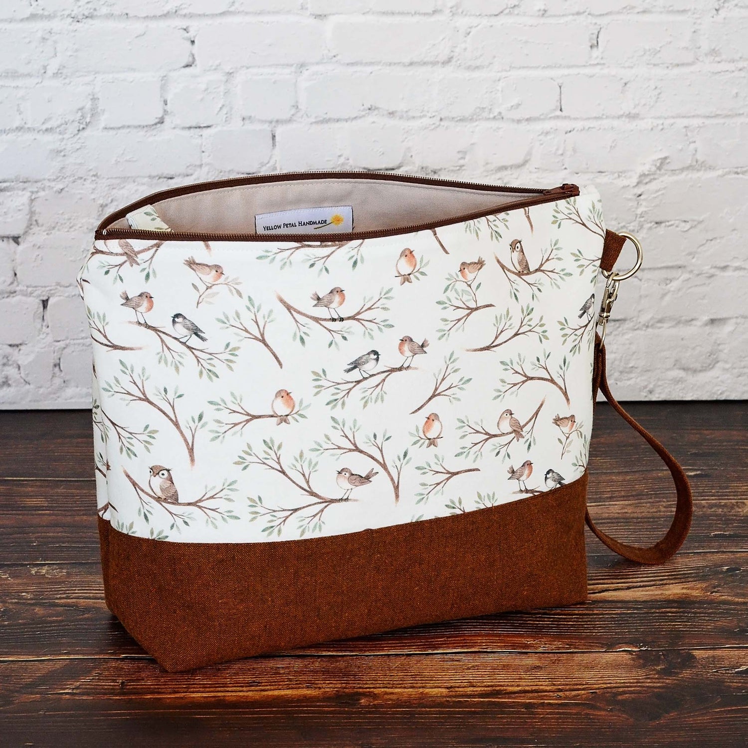 Bird and Owl themed project bag with zipper and wrist strap.  Made in Canada by Yellow Petal Handmade.