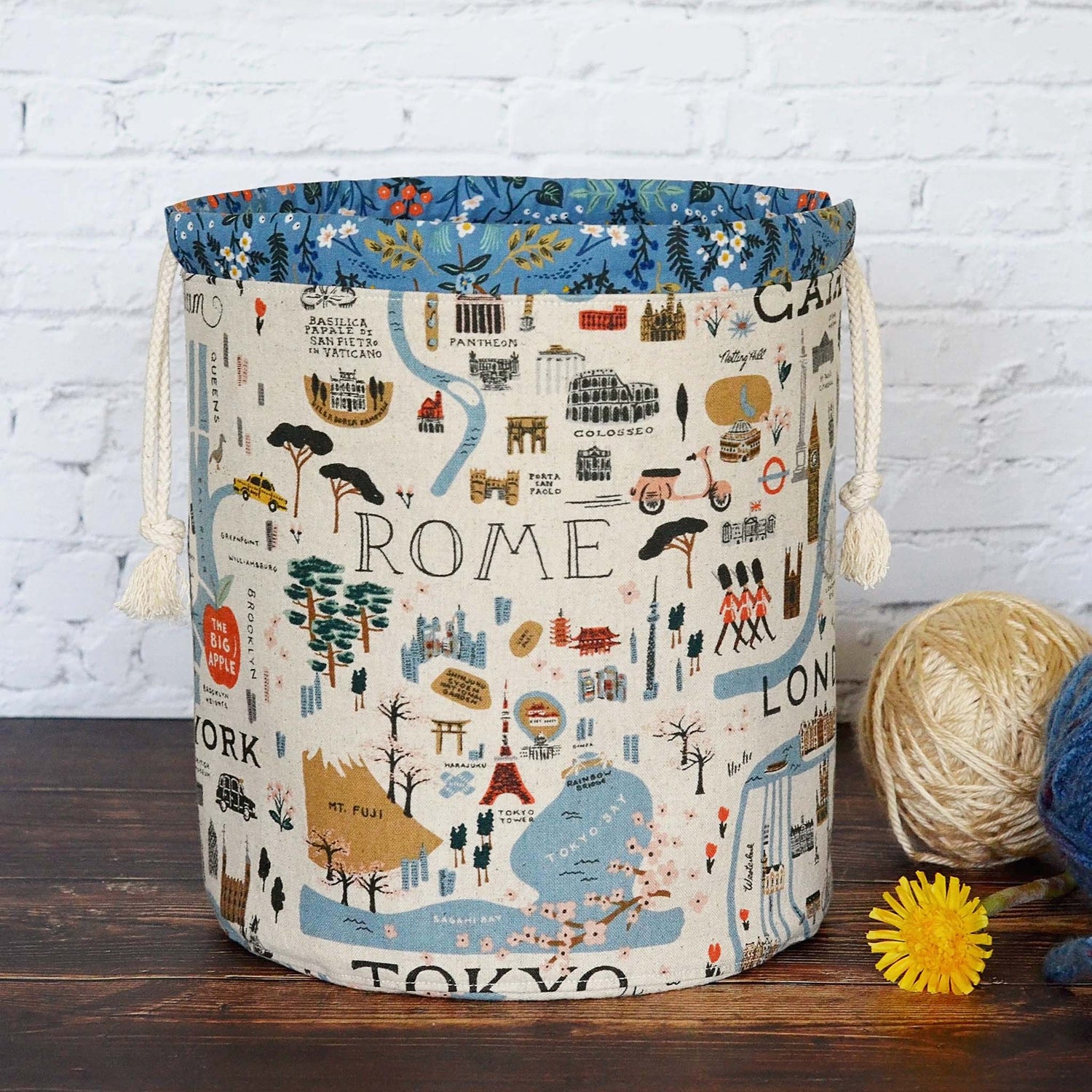 Travel themed bucket style knitting bag with plenty of interior pockets.  Made from the Bon Voyage collection by Rifle Paper Co.  Made in Canada by Yellow Petal Handmade.