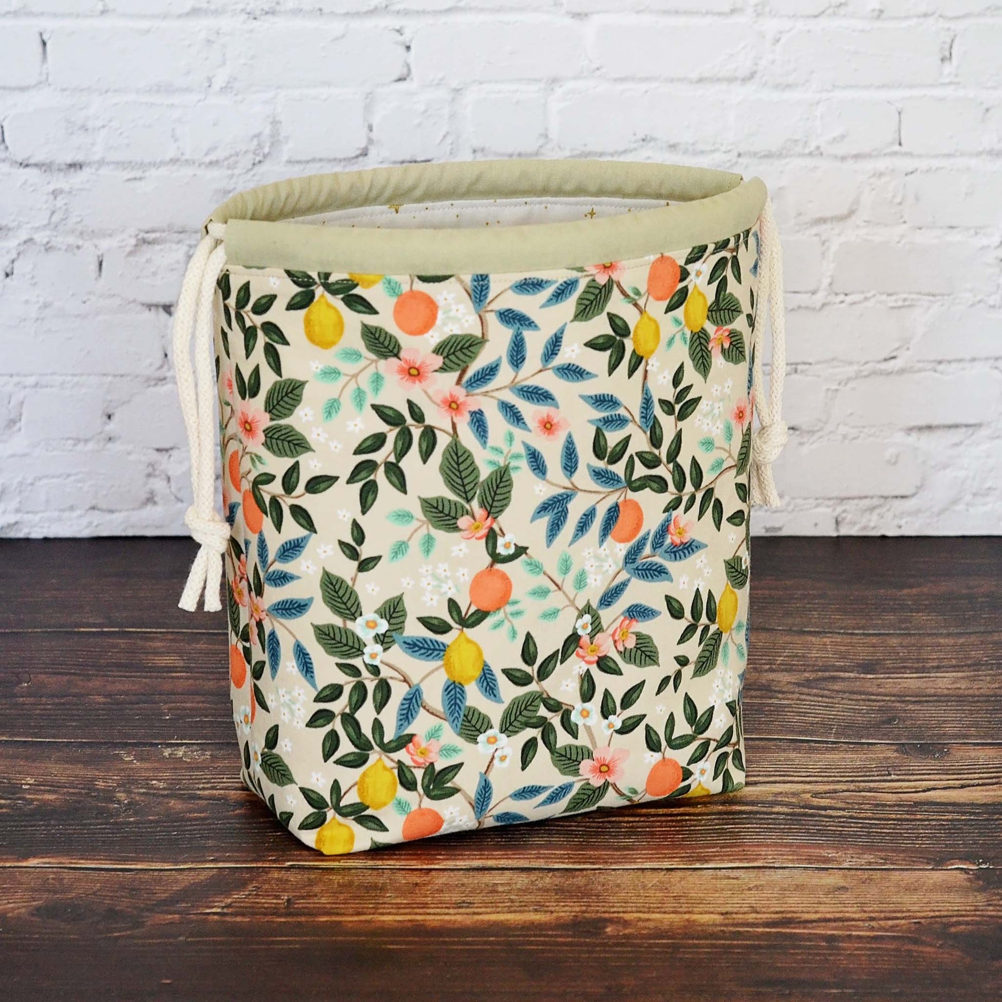 Beige floral and citrus project bag in Rifle Paper Co. Bramble Fabric.  Made in Canada.