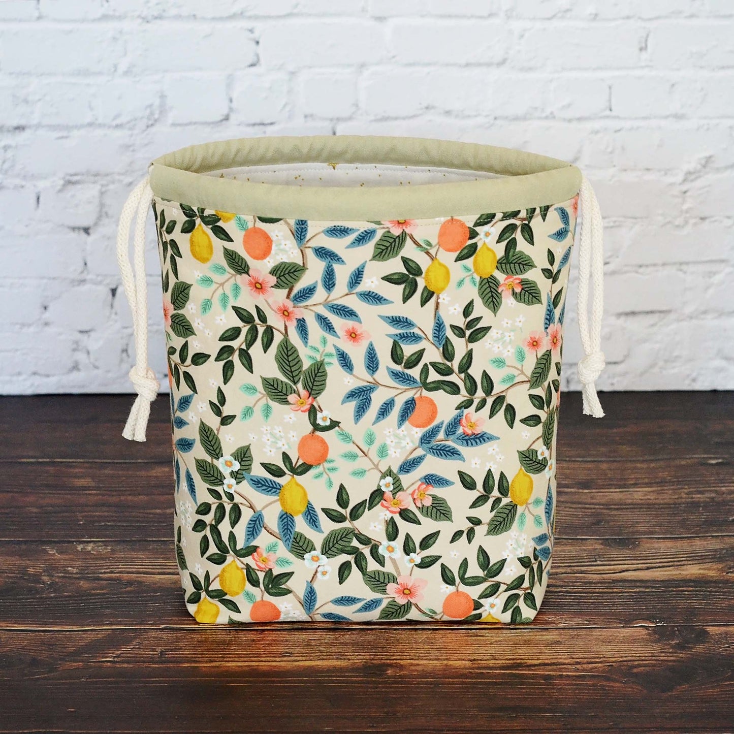 Beige floral and citrus project bag in Rifle Paper Co. Bramble Fabric.  Made in Canada.