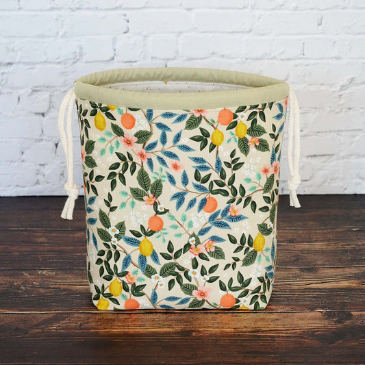 Beige floral and citrus project bag in Rifle Paper Co. Bramble Fabric.  Made in Canada.